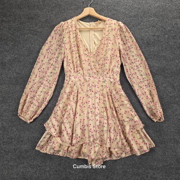 Floral Ruffle Tiered Mini Dress Womens Medium Cream Long Sleeve V Neck Wrap Boho - Picture 2 of 16